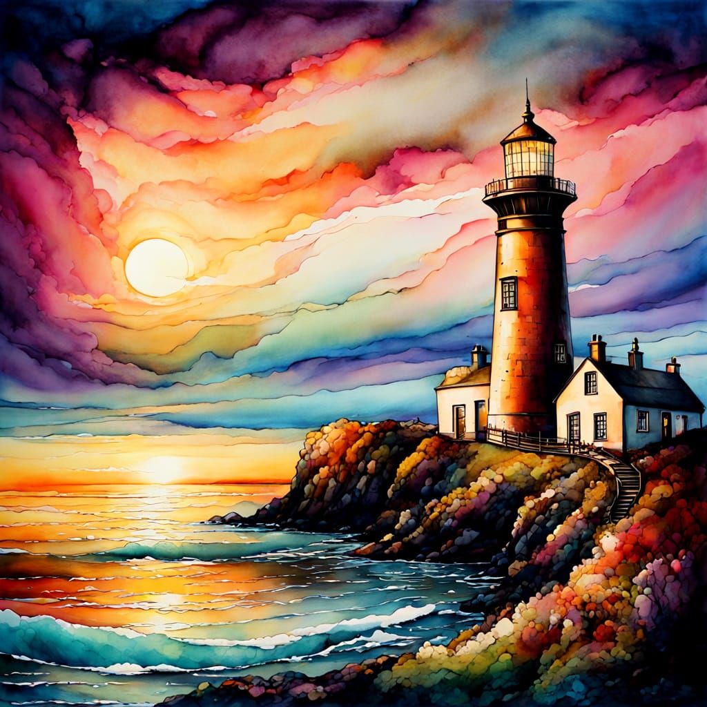Irish Sea Lighthouse at Sunset in Alcohol Ink