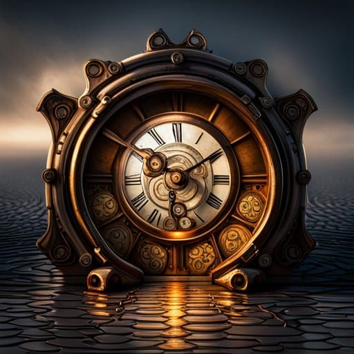 Steampunk Melting Clock in Cosmic Surrealism Style