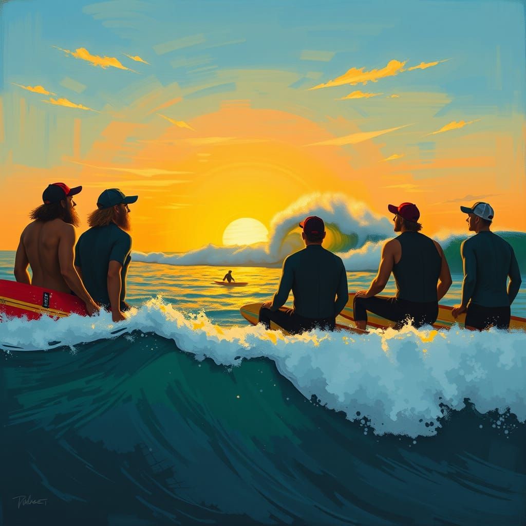Surfer Dudes Gaze Out at Sunrise Swell in Vibrant, Stylized ...