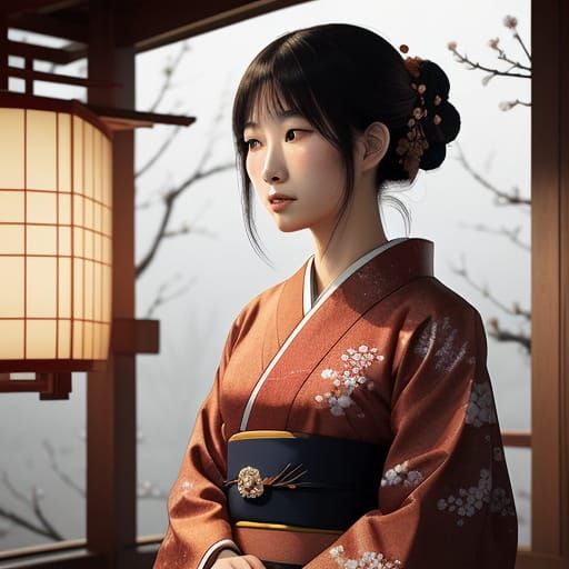 Traditional Japanese Beauty Admires Cherry Blossoms in Soft ...