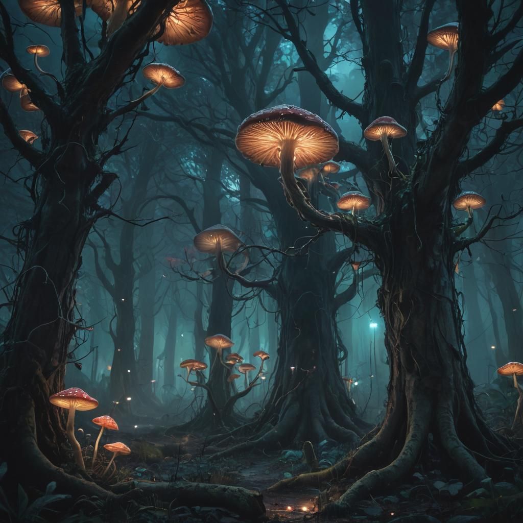 Glowing Mushroom Forest at Night: Ethereal Digital Painting