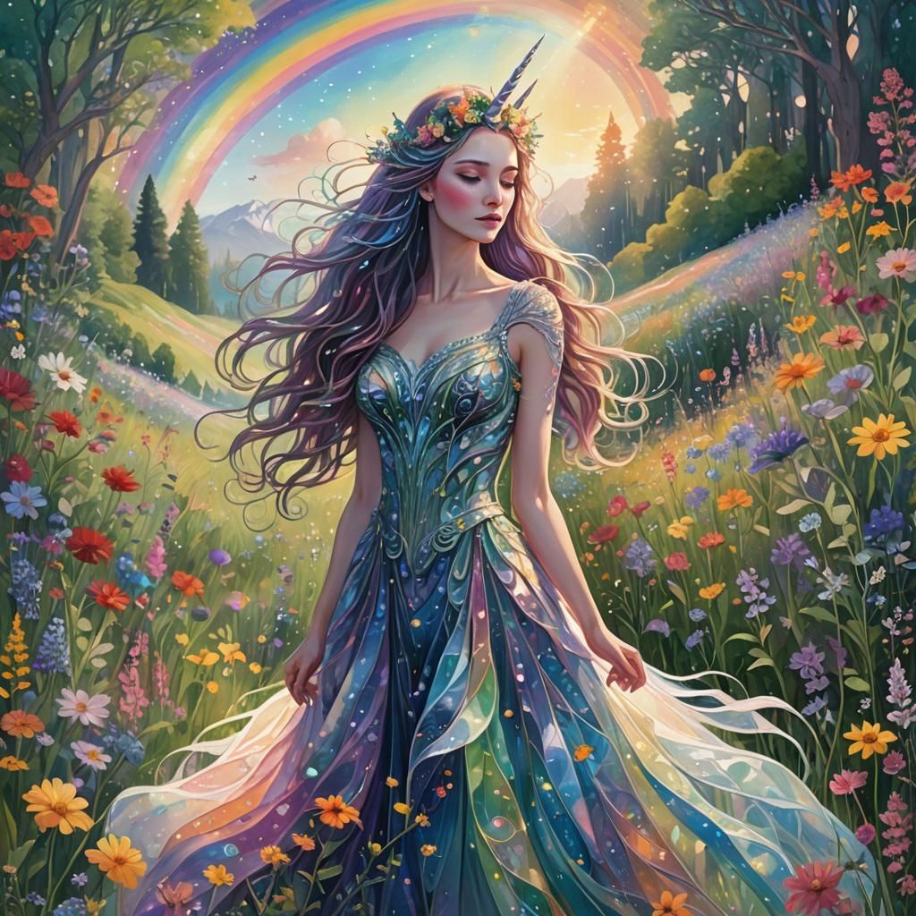 Ethereal Woman in Unicorn Gown in Rainbow Meadow