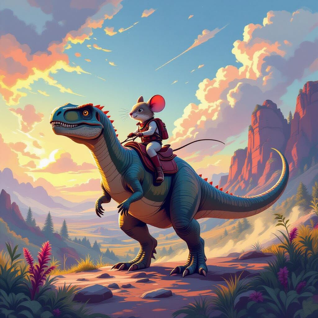 Mouse Riding Dinosaur in Vibrant Fantasy Landscape