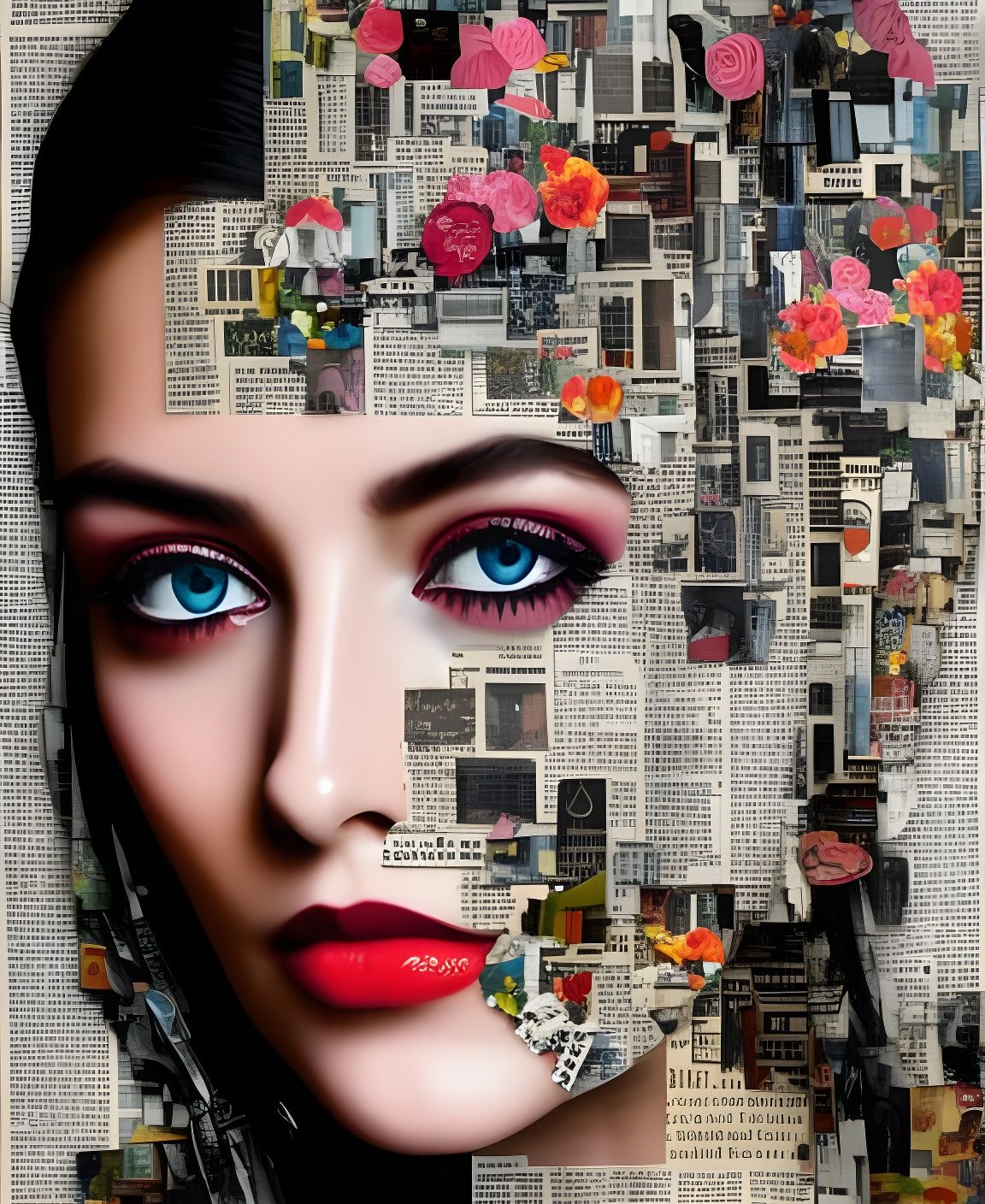 Retro Girl with Flowers in Fragmented Collage