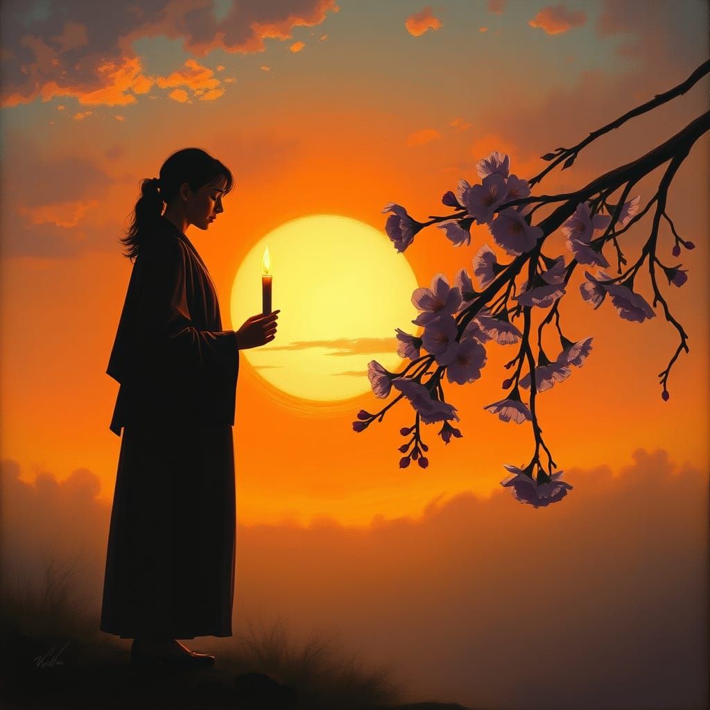 Ethereal Oil Painting of Lone Figure at Sunset