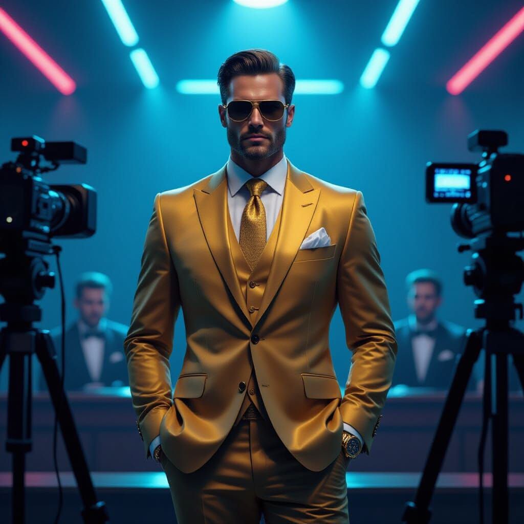 Attorney in Gold Suit Under Neon Lights: Futuristic Style