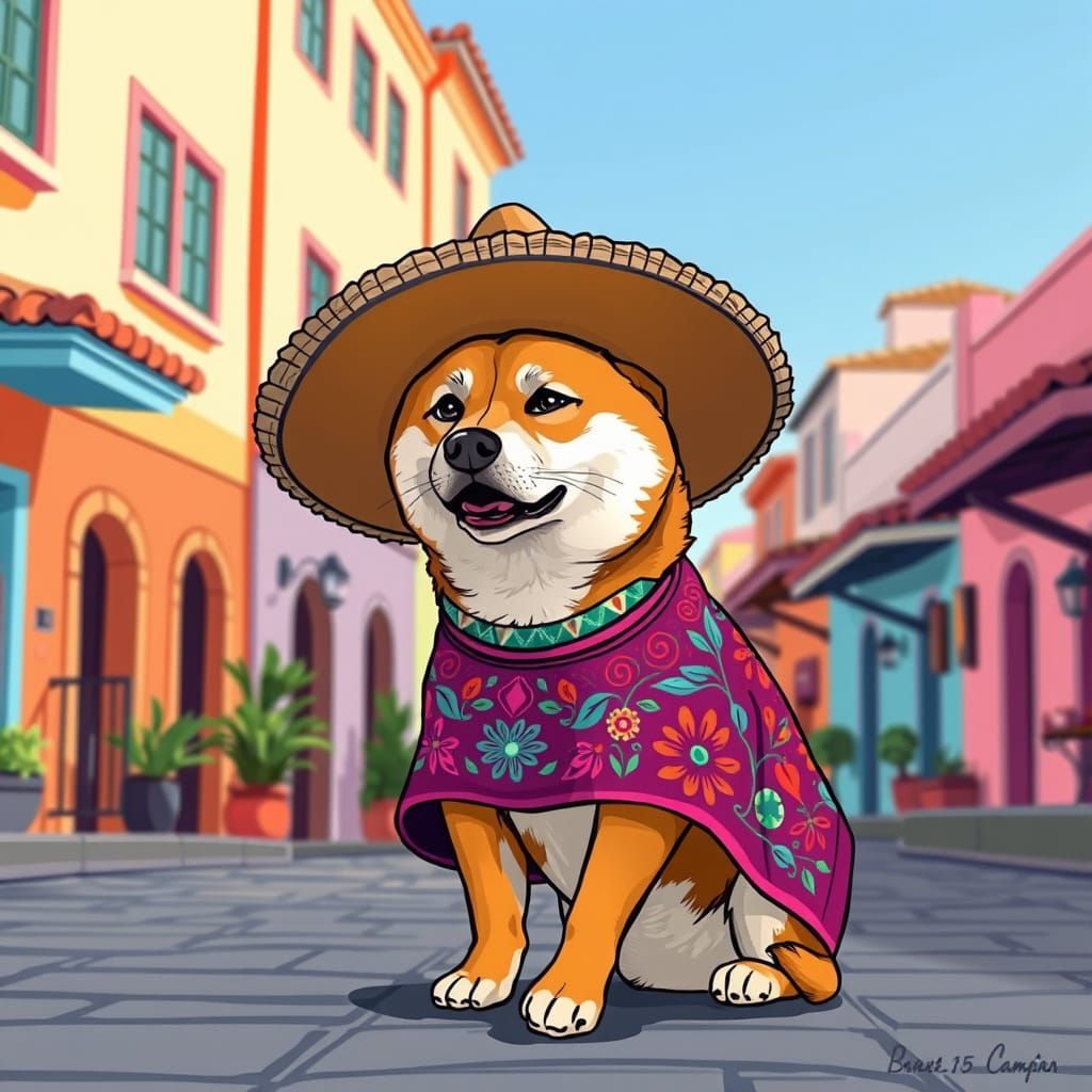 Shiba Inu in Sombrero on Mexican Street