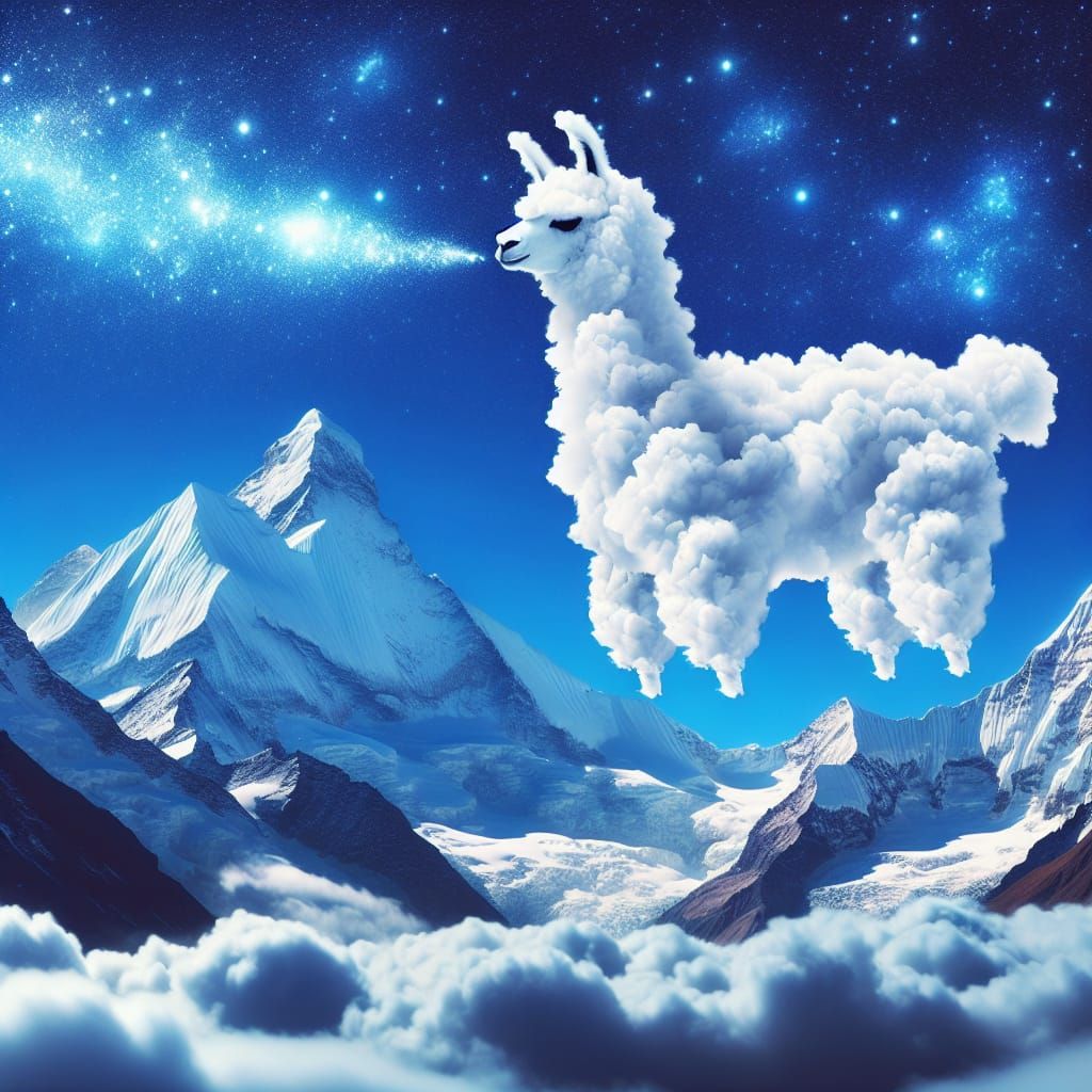 Celestial Llama Drifting Over Snowy Mountains