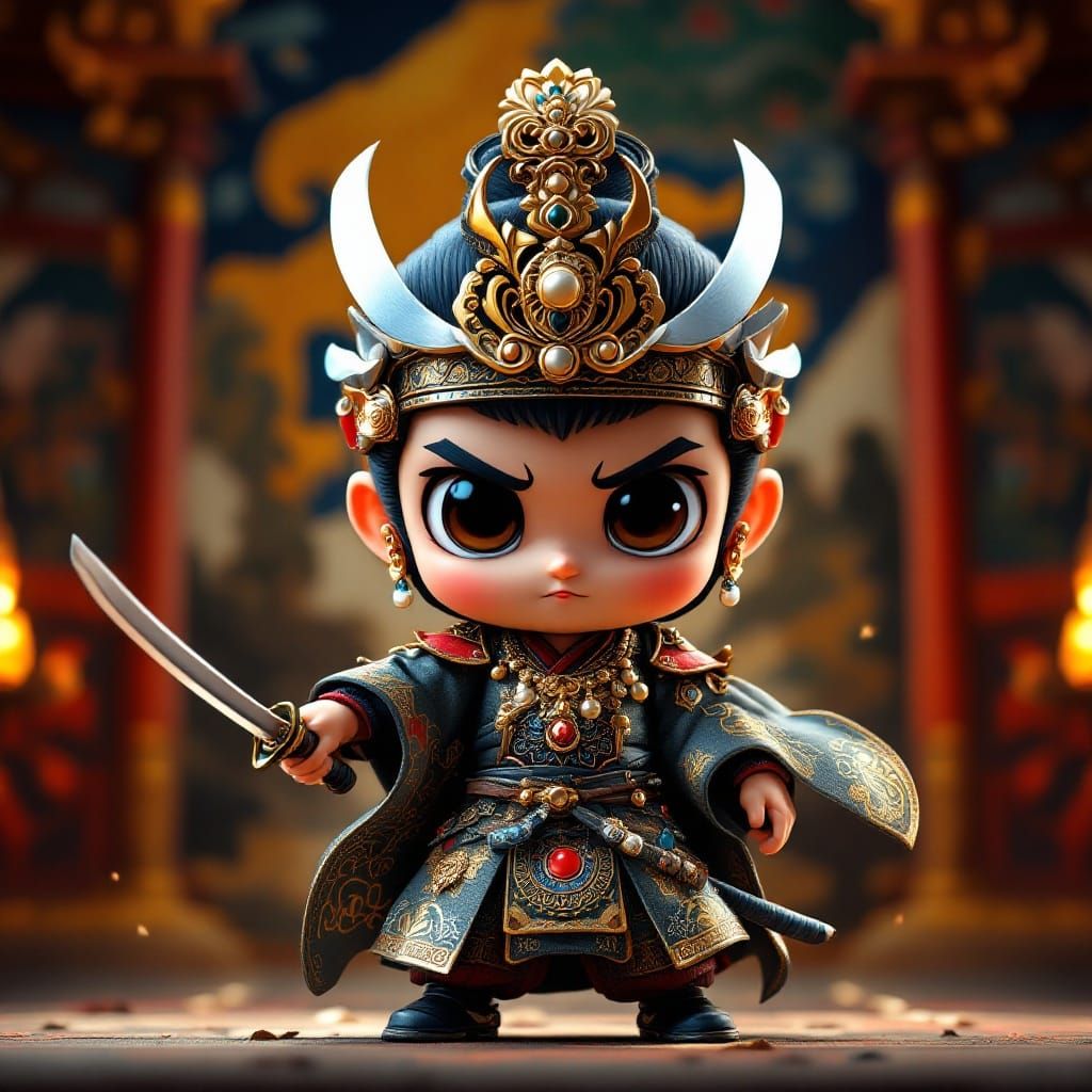 Chibi Kabuki Warrior on Stage, Digital CGI Art