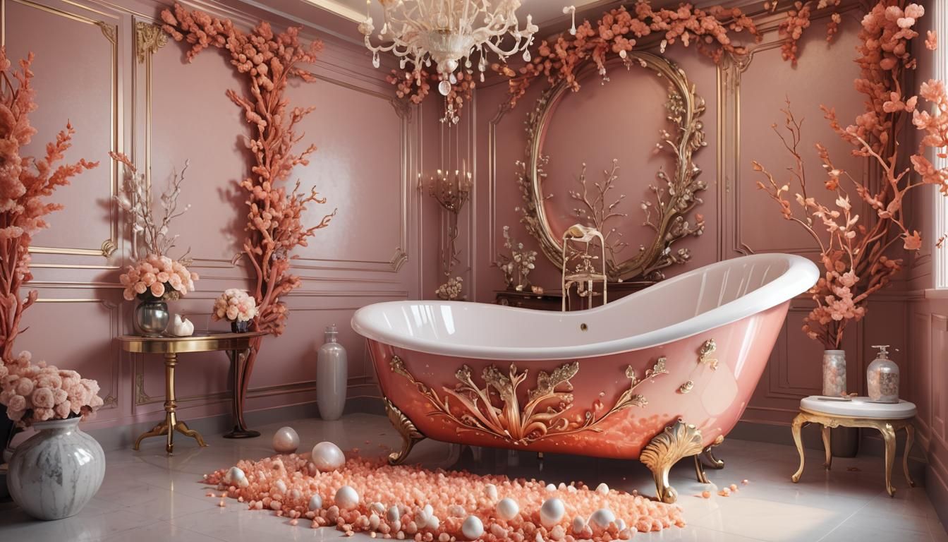 Luxurious Coral Bathroom with Shell Bathtub: 3D Anime Art