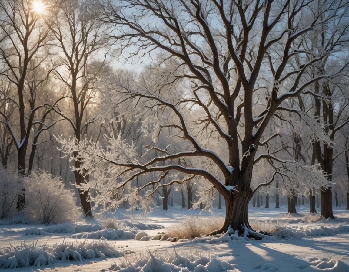 Golden Winterscape with Twisted Tree
