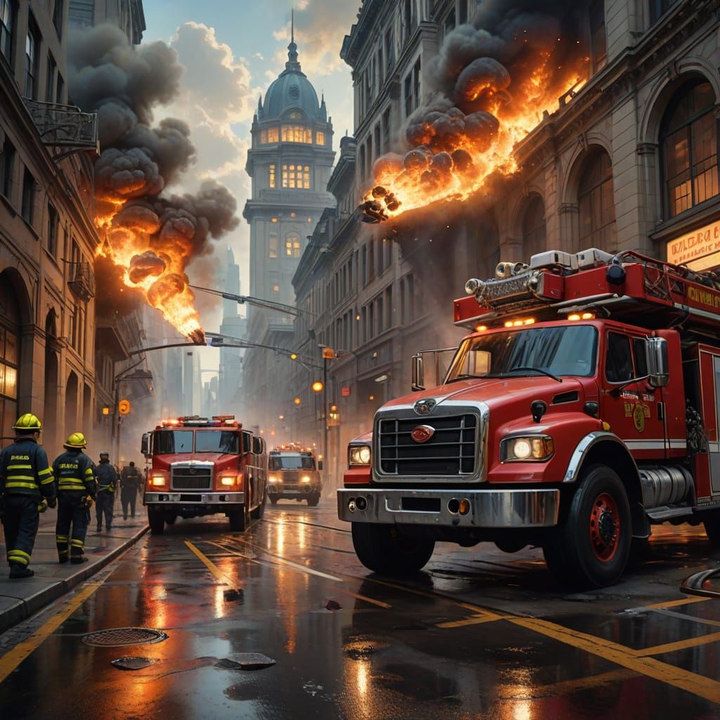 Fire Engines Emerge from Station in Vibrant Splash Art