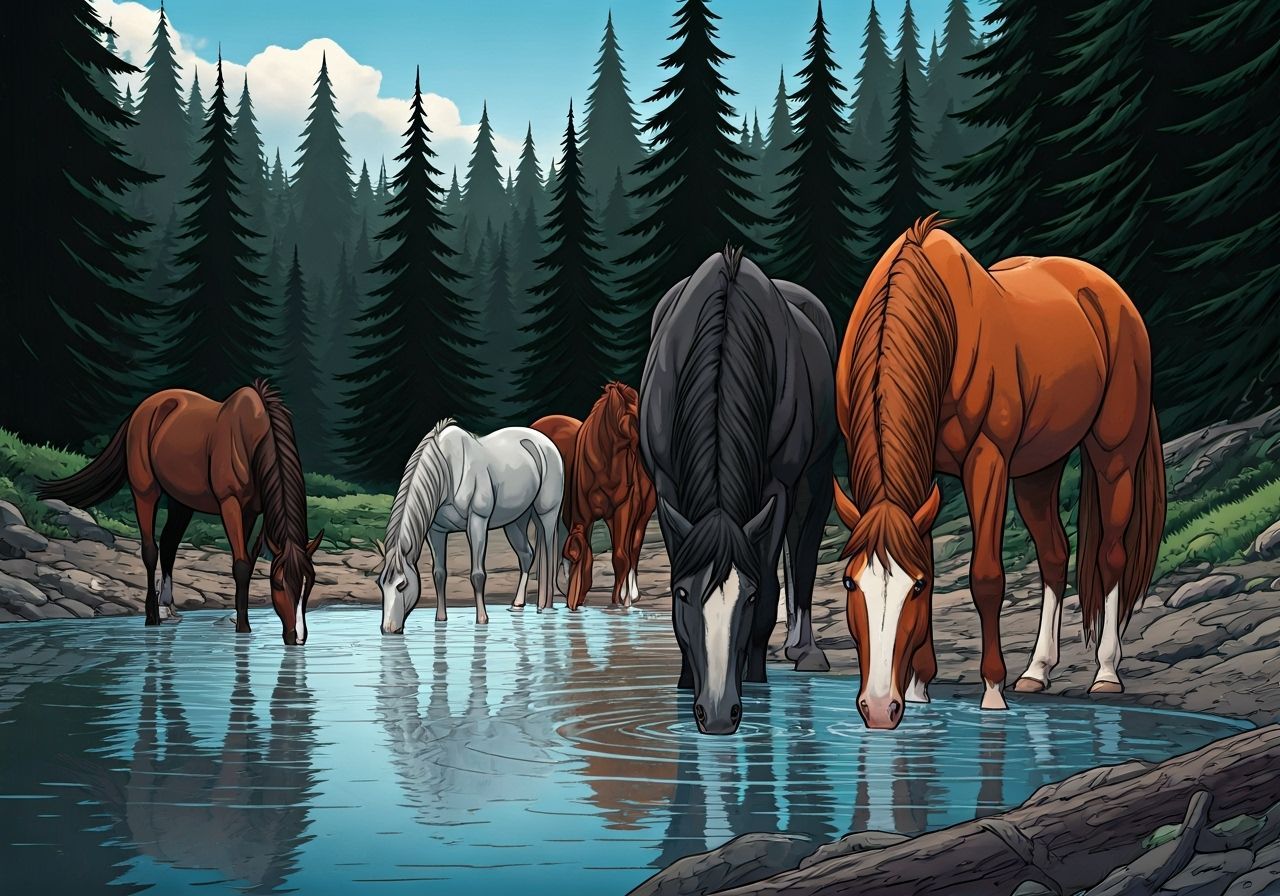 Mustangs Gather at Serene Lake: Comic Book Style