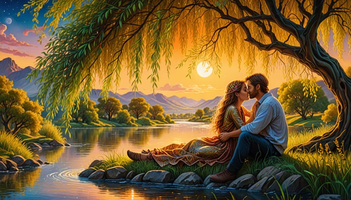 Romantic Couple in Dreamy Moonlit Landscape