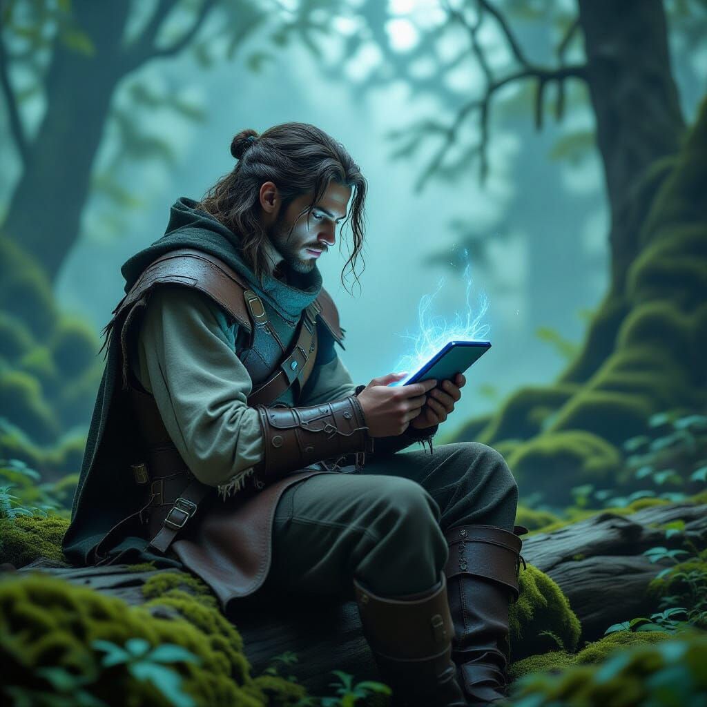 Medieval Figure Uses Futuristic Tablet in Misty Forest