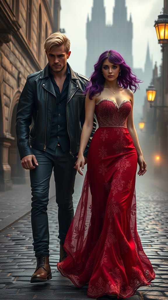 Gothic Couple in Dramatic Lighting, Art Nouveau Style