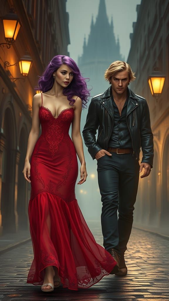 Elegant Couple in Gothic City, Art Nouveau Style