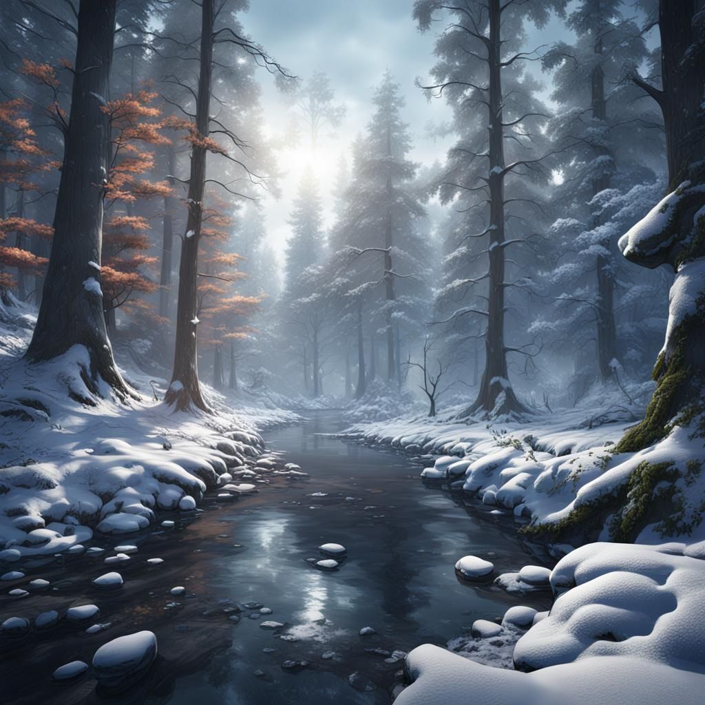 Snowy Forest in Detailed Matte Painting Style