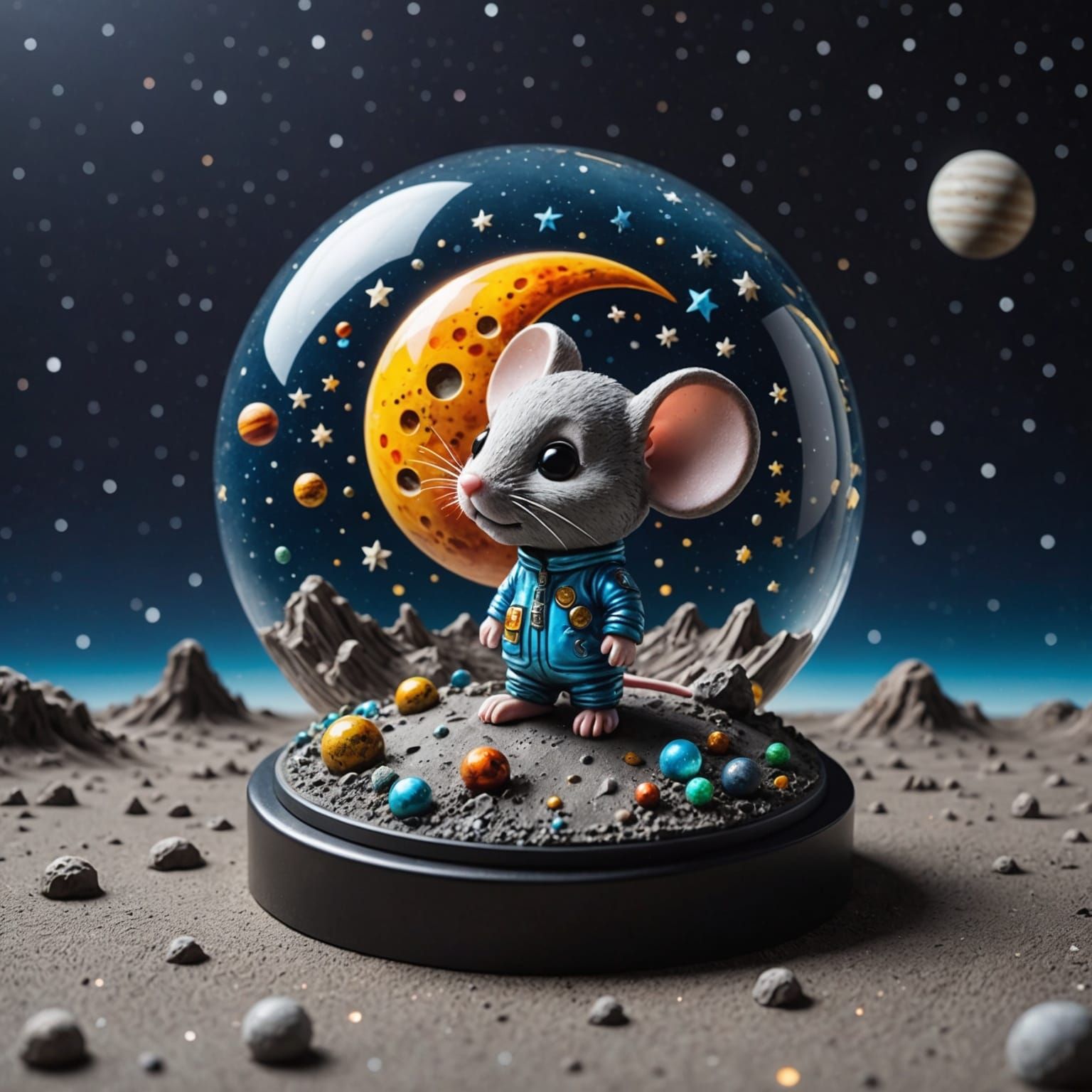 Enameled Glass Chibi Mouse on the Moon
