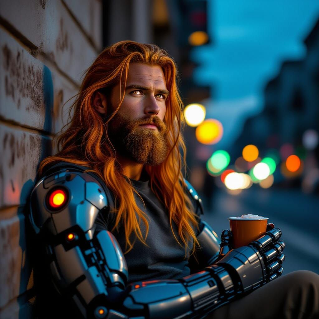 Man with Mechanical Arm Relaxes at Night