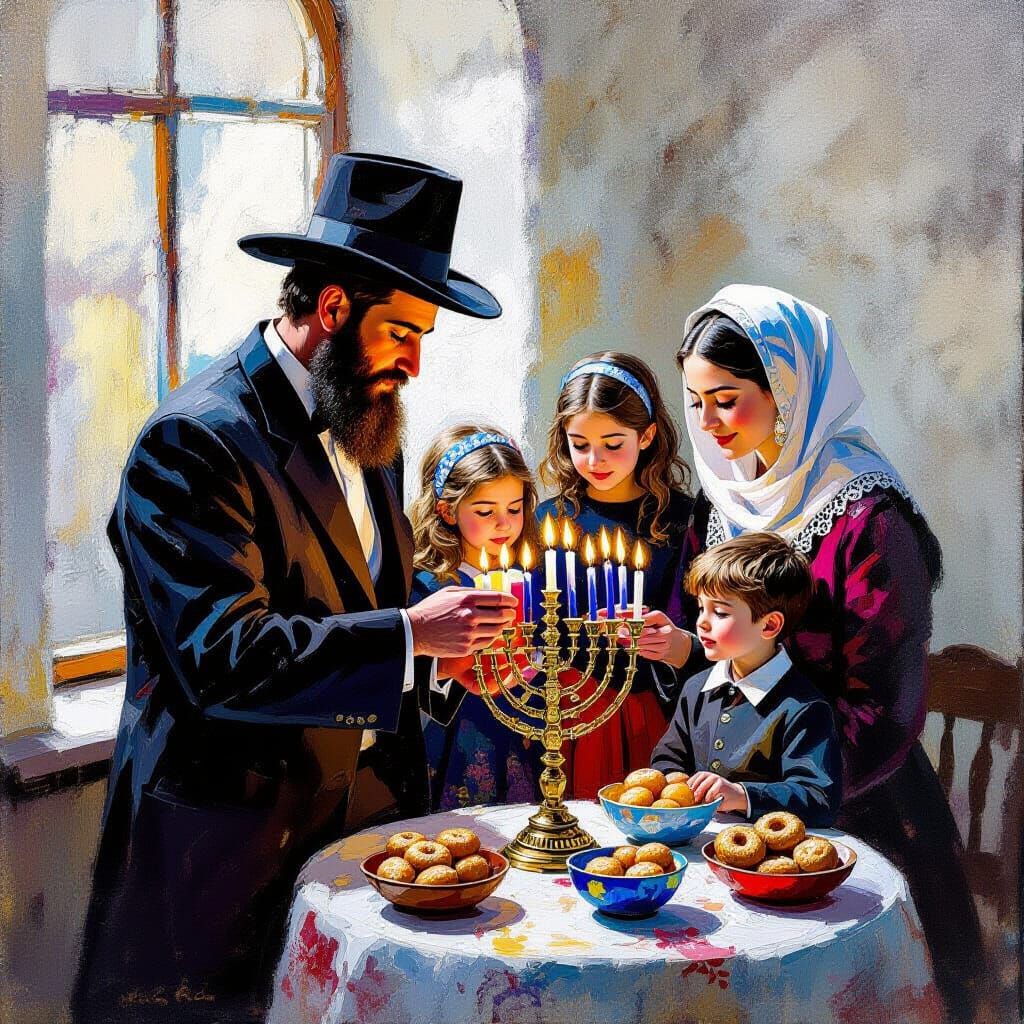 Chanukah Celebration as Impasto Oil Painting