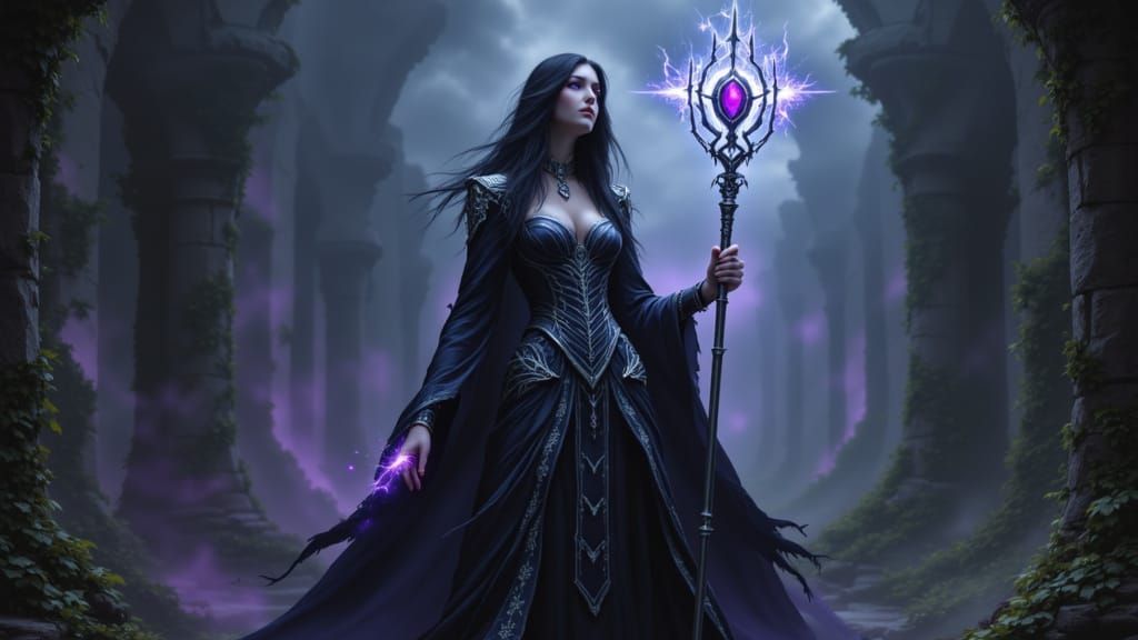 Gothic Queen in Castle Ruins with Arcane Glow