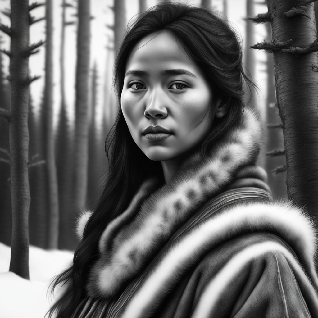 Eskimo Woman: AI-Rendered Charcoal Portrait