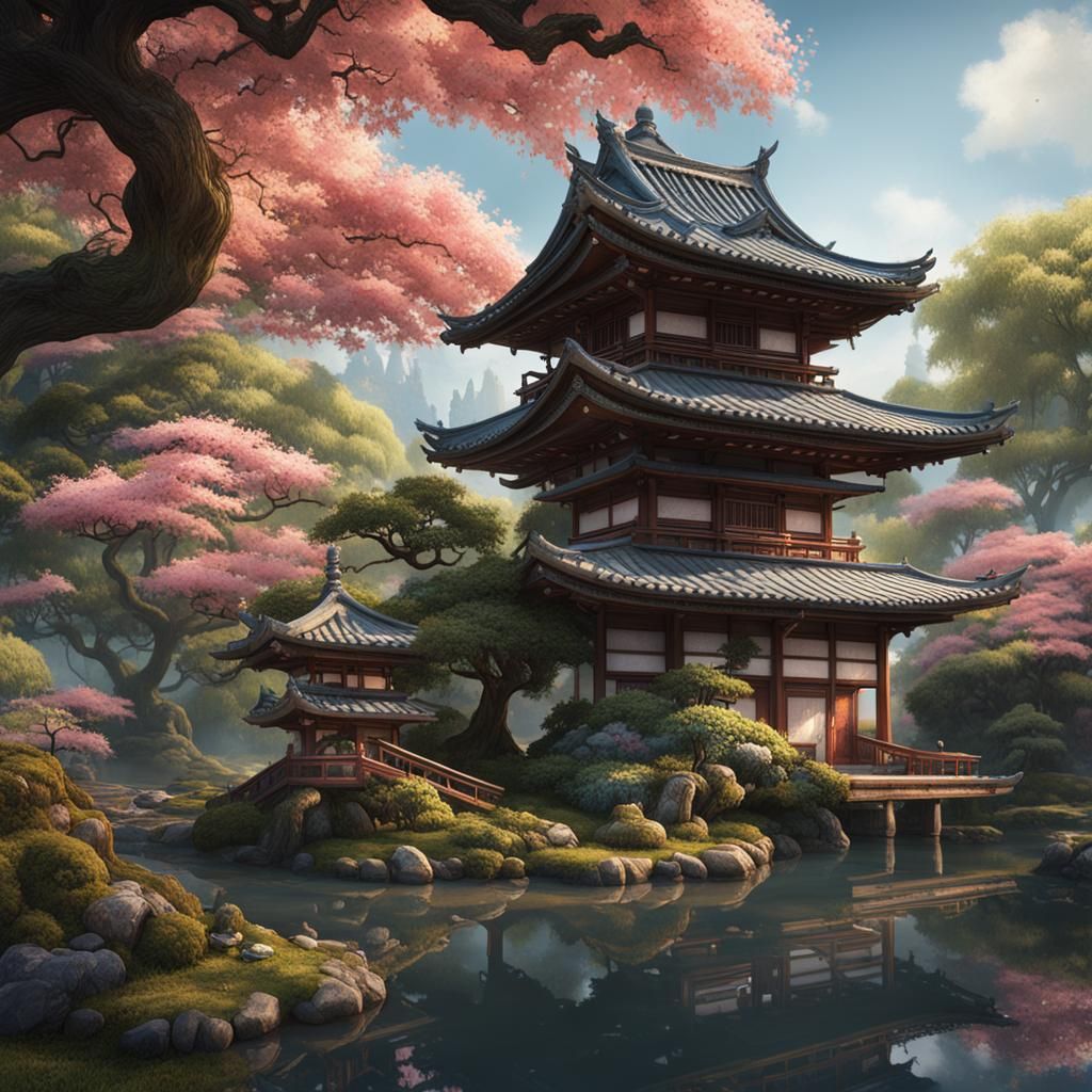 Japanese Pagoda Garden: Fantastical Matte Painting