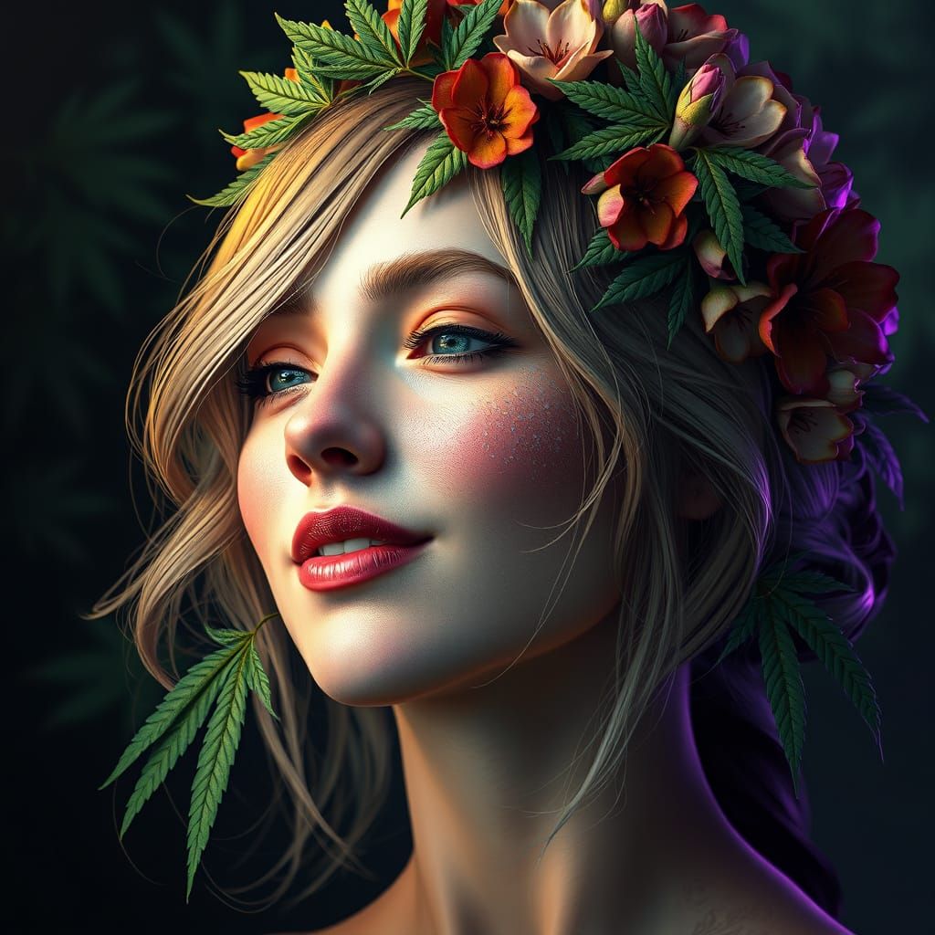 Woman with Marijuana Leaves in Art Nouveau Style