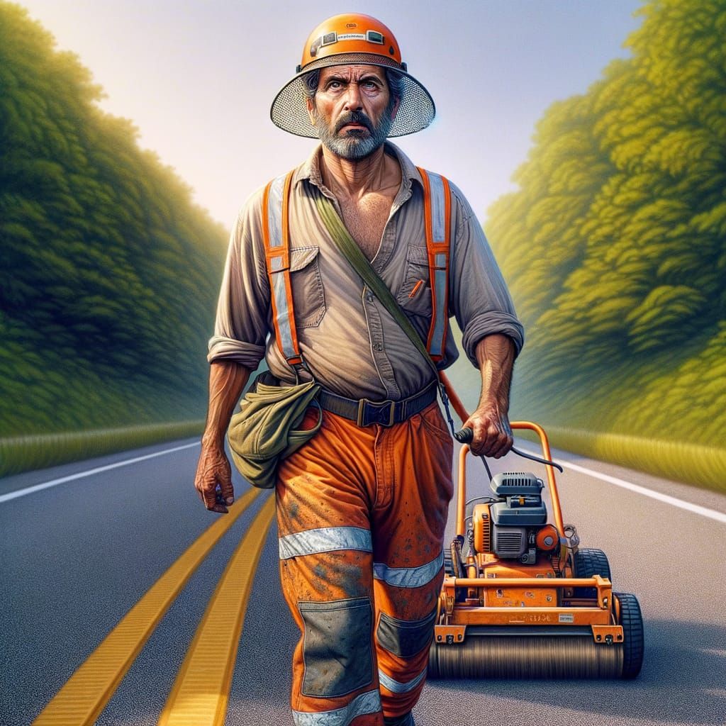 Man Operating Brush Cutter on Roadside