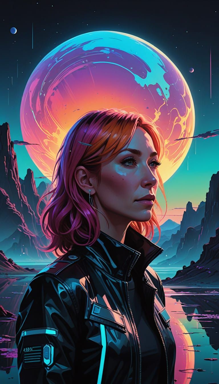 Kari Byron in Neon-Lit Alien Landscape with Glowing Moons