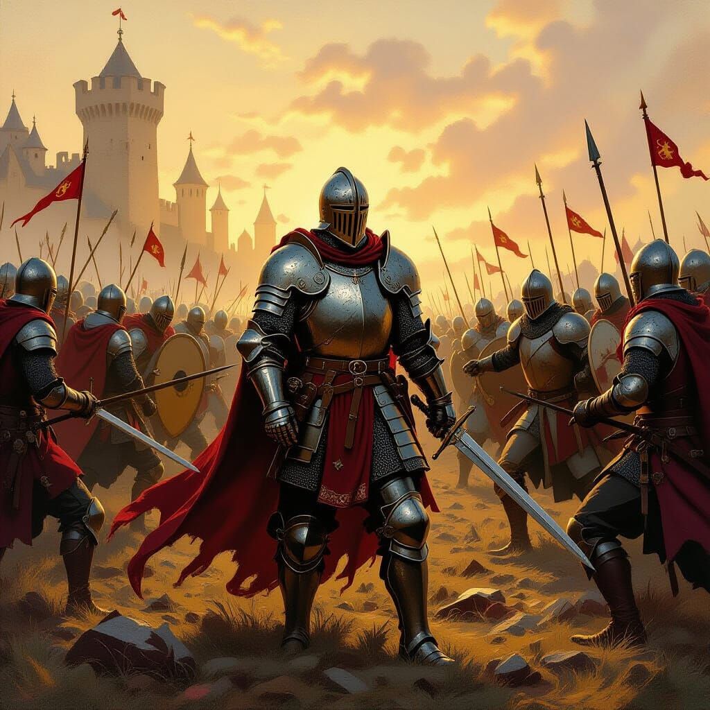 Time Traveler on Medieval Battlefield, Oil Painting Style