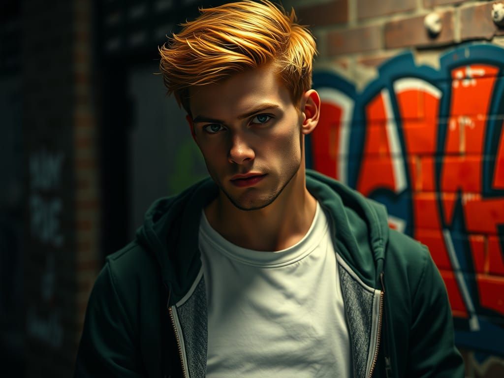 Winking Redhead in Photorealistic Urban Scene