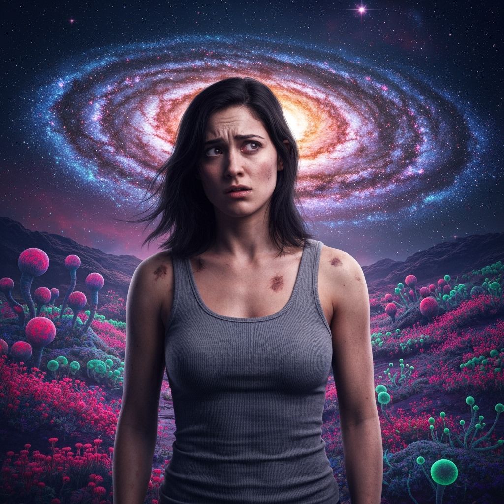 Woman Contemplates Galaxy in Surreal Bioluminescent Landscap...
