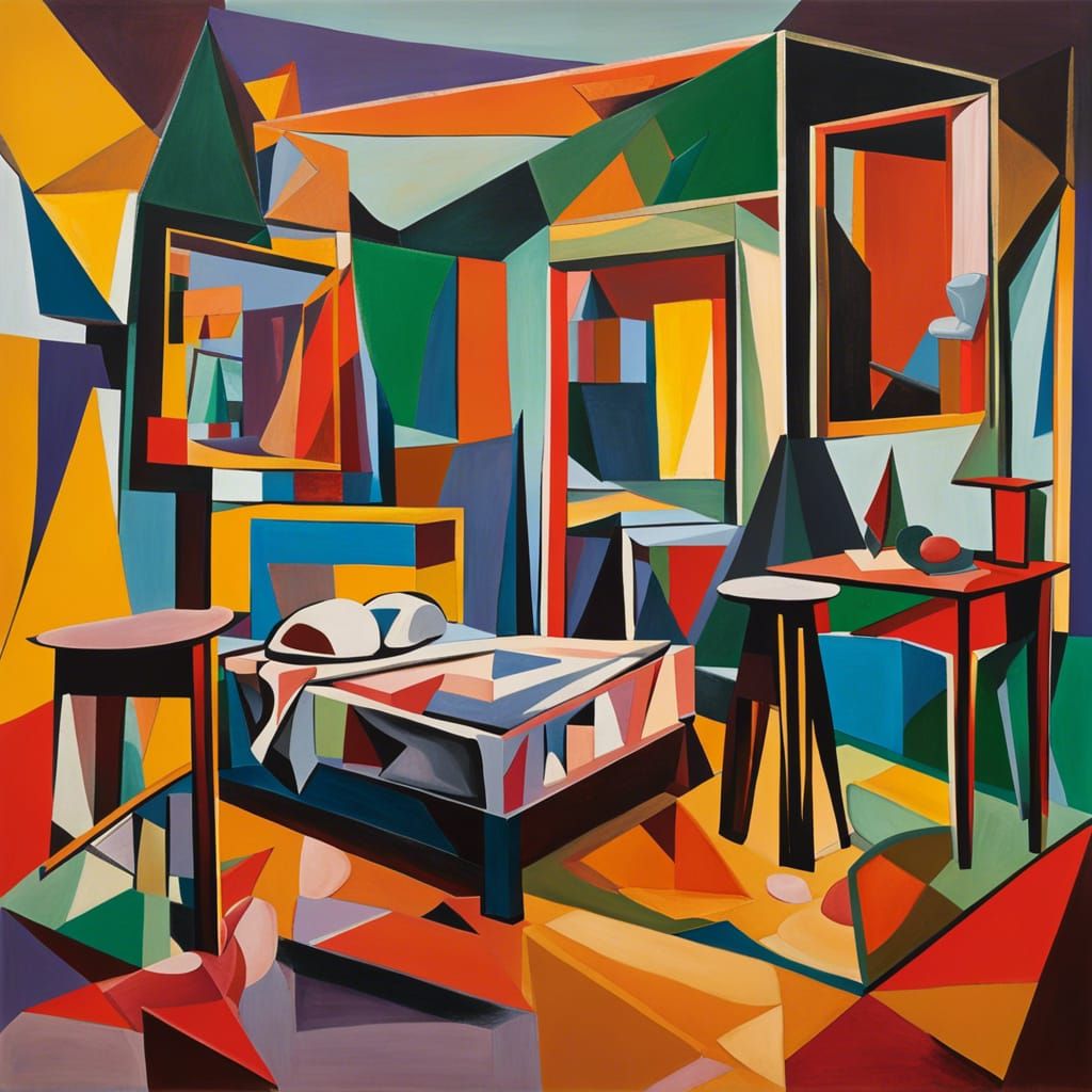 Cubist Bedroom with Geometric Forms and Vibrant Colors