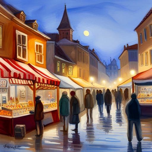 Christmas Fair in Small Town as Gouache Painting