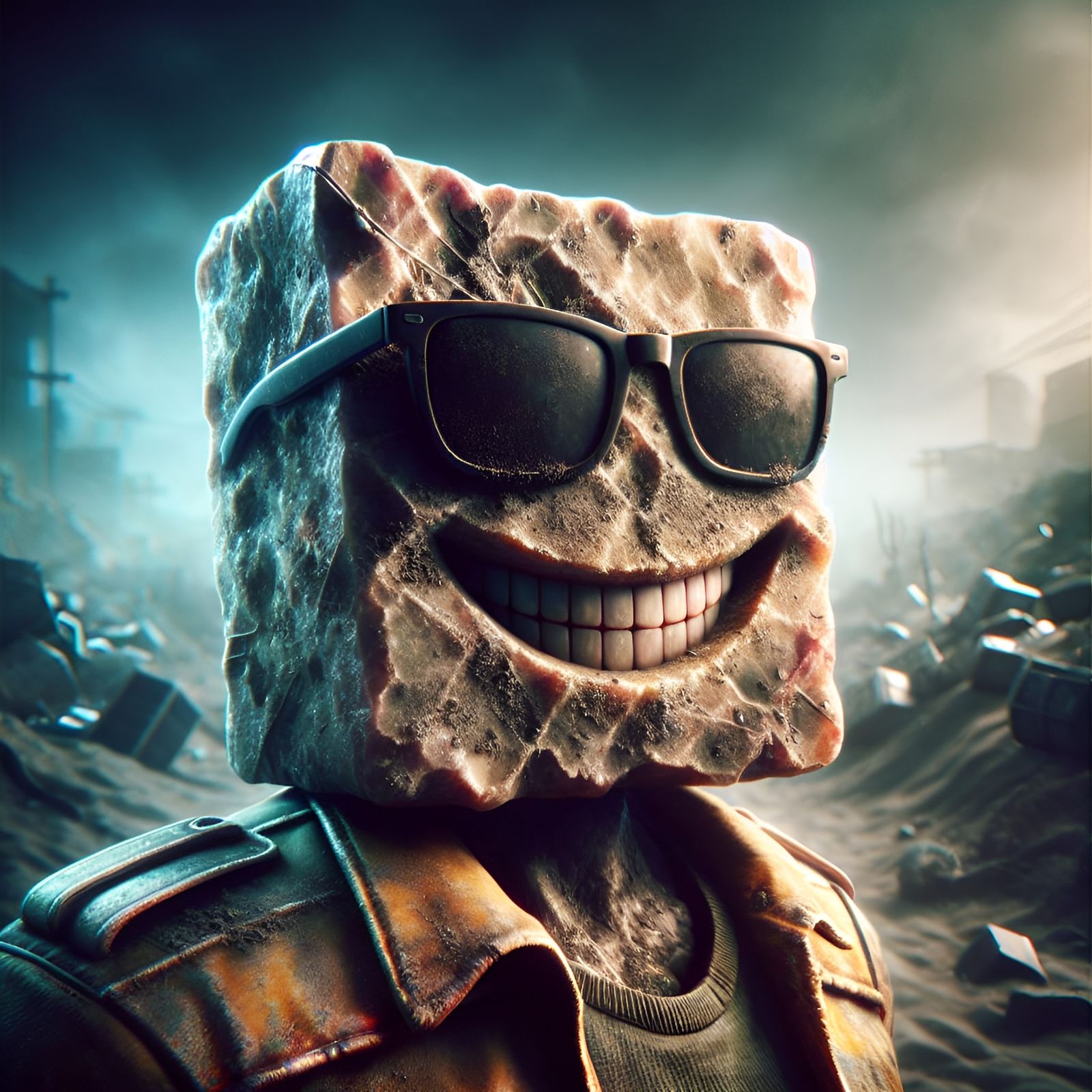 Grungy Diamond Slab with Glasses in Dystopian Setting