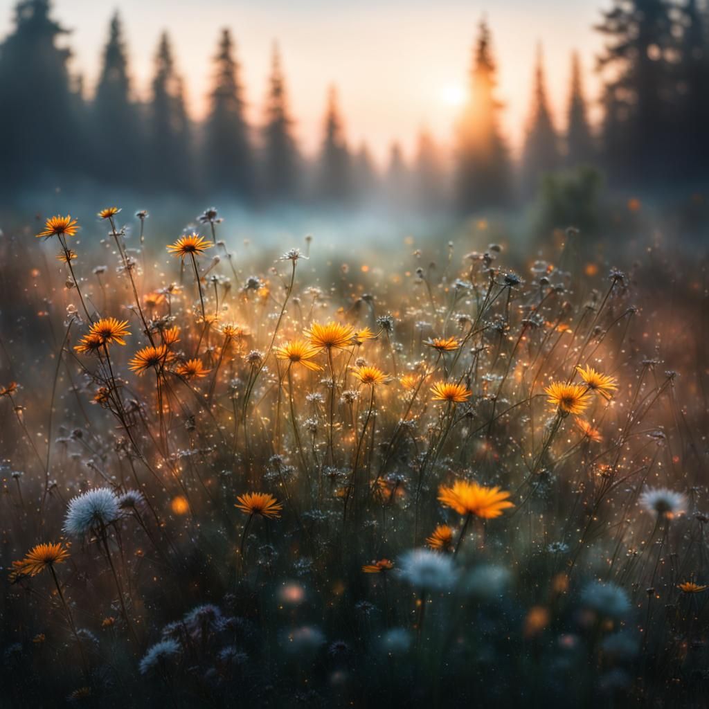 Dewy Meadow with Pixie Dust: Hyperrealistic Double Exposure
