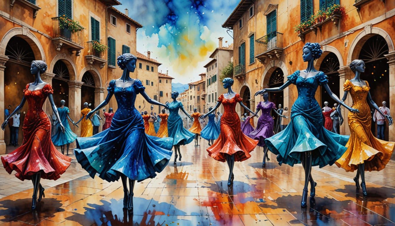 Ethereal Italian Dance Scene in Vibrant Metaphysical Style