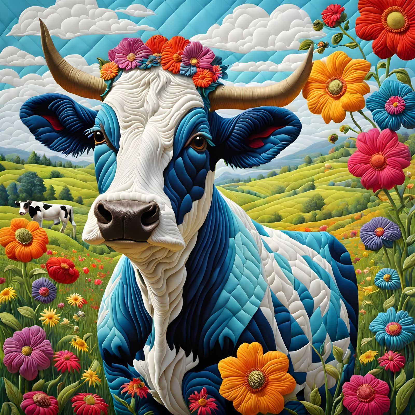 Quilted Surreal Cow in Floral Meadow