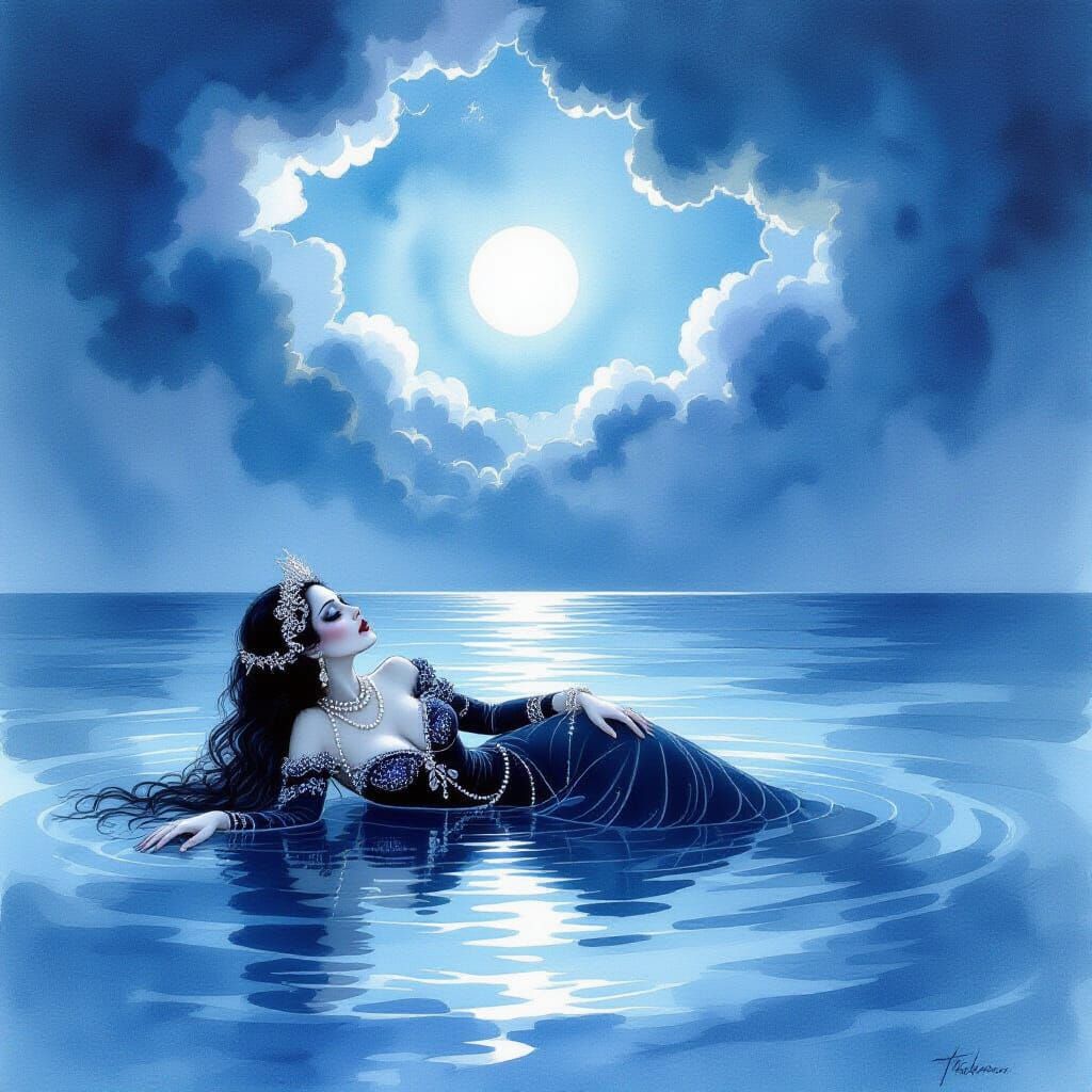 Goth Woman in Tranquil Sea, Surreal Watercolor Style