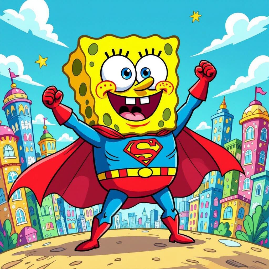 Superhero Spongebob Poses in Bikini Bottom Cityscape