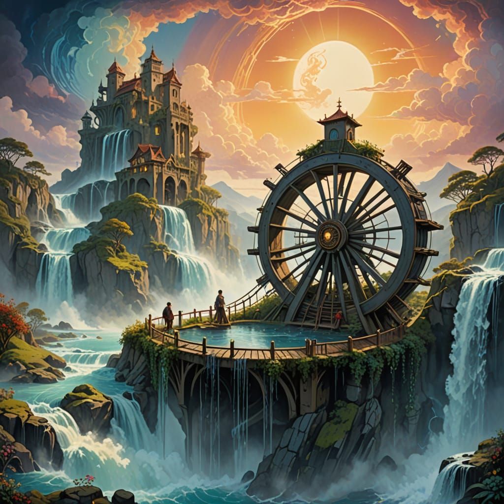Ethereal Waterwheel on a Surreal Floating Island