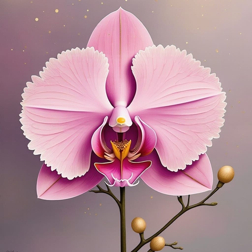 <lora:Gold and pink:1.0> showcases a rare, pink orchid in exquisite detail, with intricately rimmed black lacy frills an...