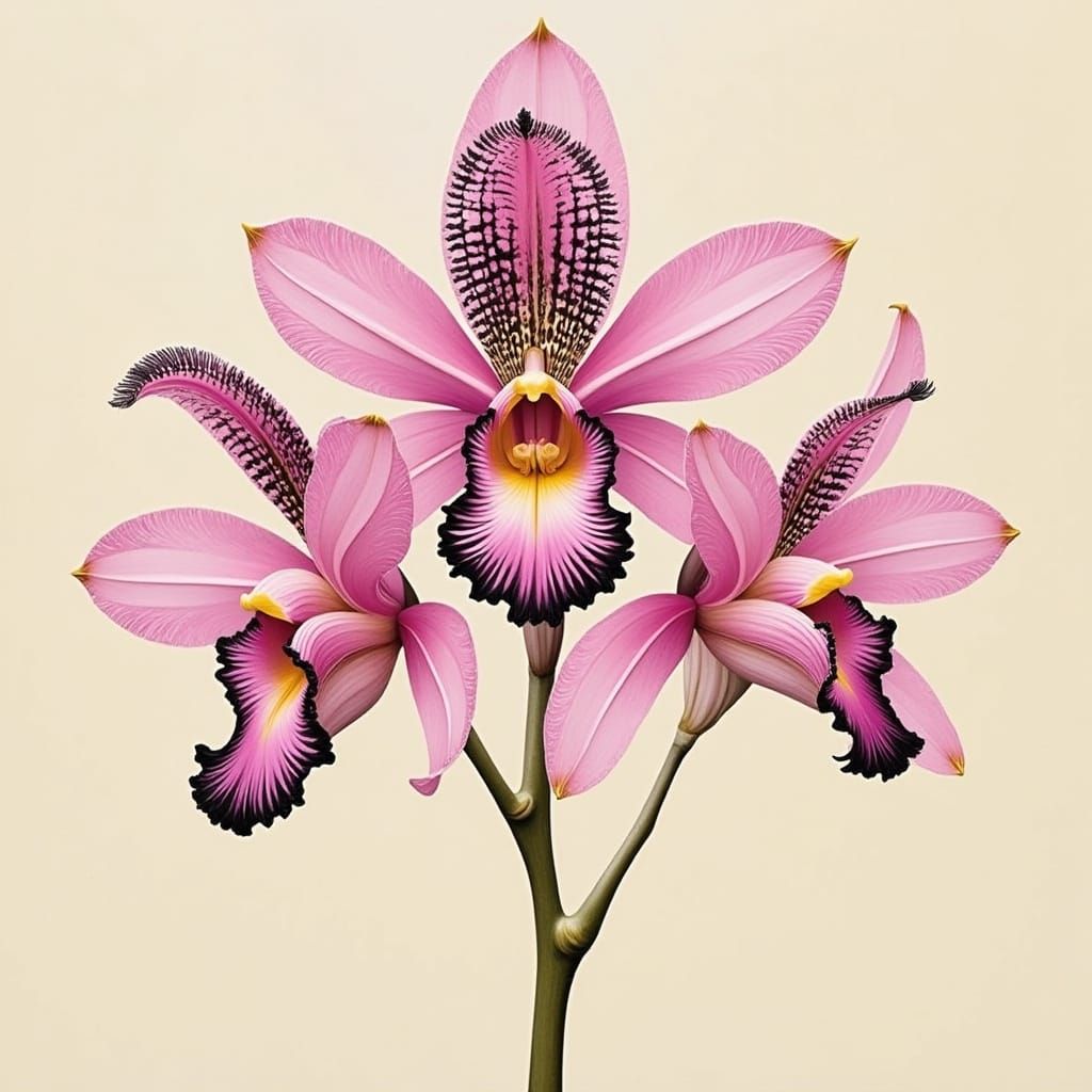 <lora:Gold and pink:1.0> showcases a rare, pink orchid in exquisite detail, with intricately rimmed black lacy frills an...