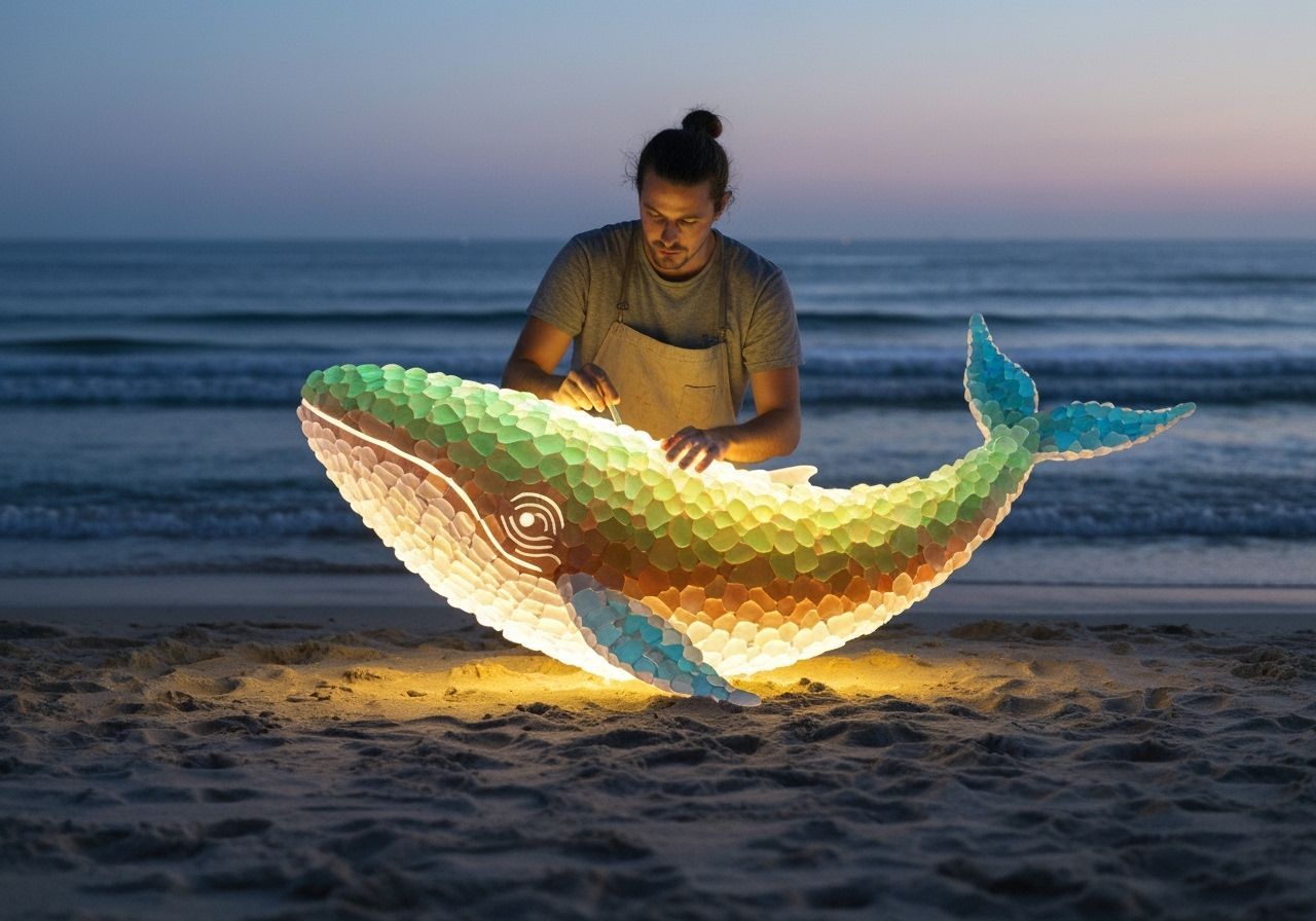 Whale Sculpture Made Of Colorful Sea Glass