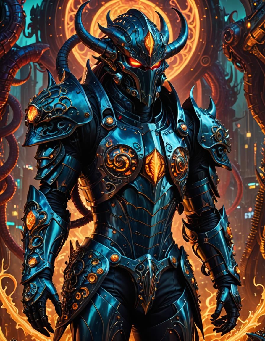 Sapphire Tentacle Demon Knight in Retrofuturism Style