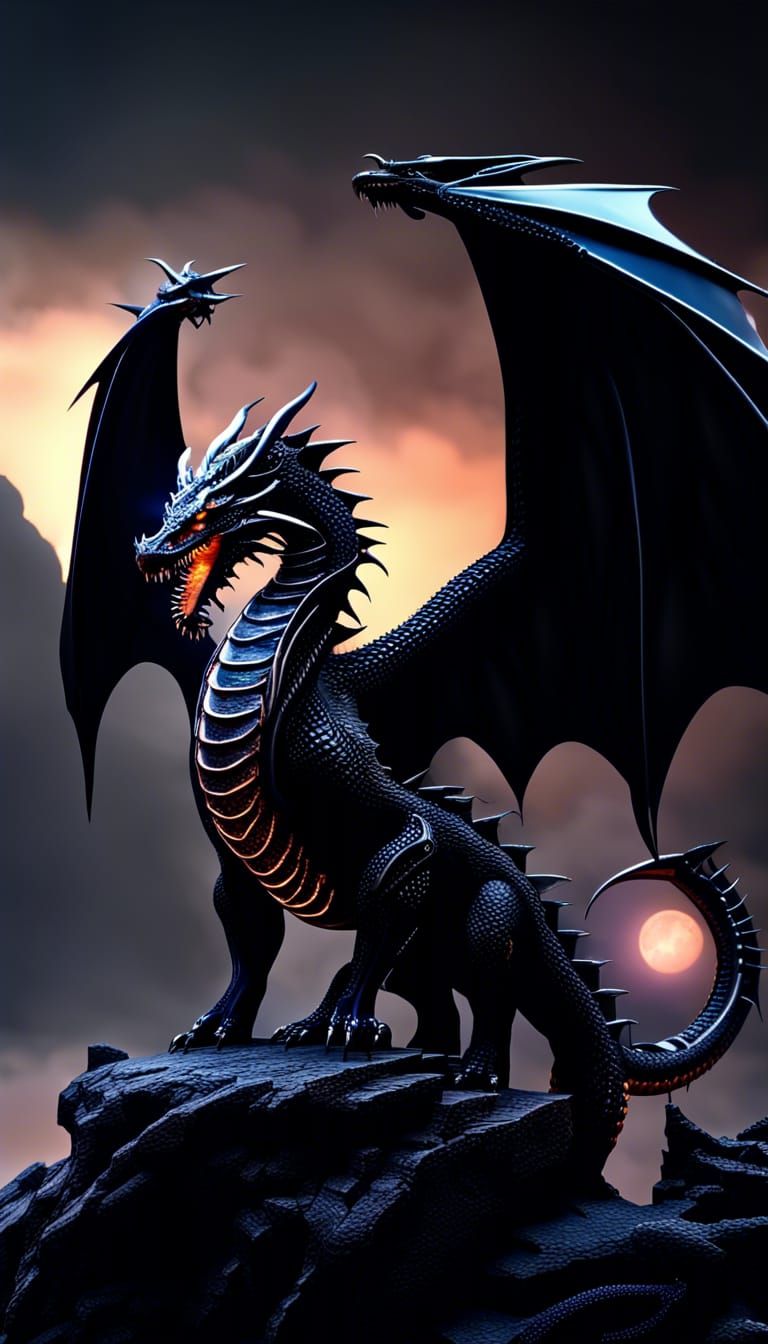 Colossal Black Dragon Standing on a Planet in 3D