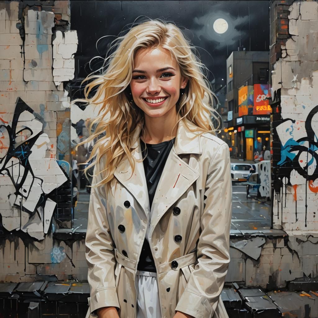 Blonde Woman in Rain, Oil Painting Style