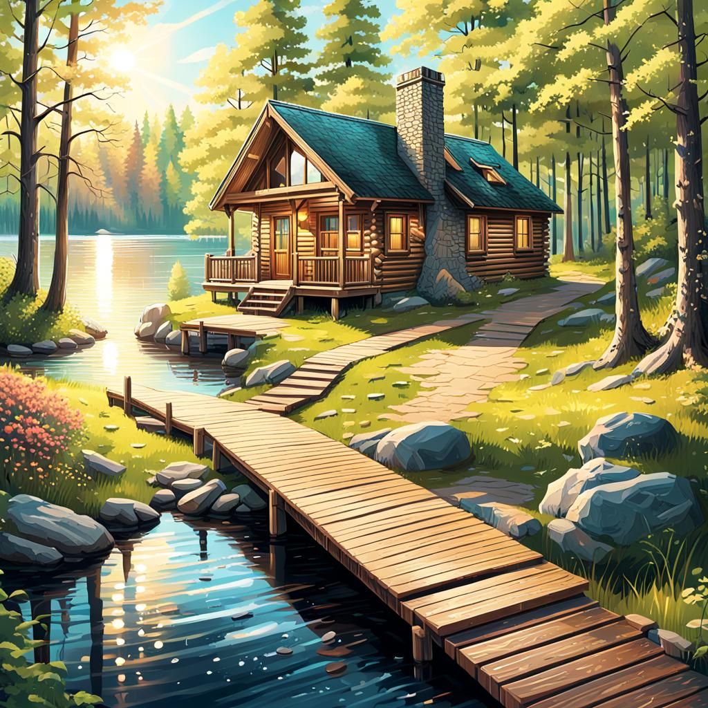 Detailed Cabin Scene on a Shimmering Lake